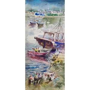 Farrukh Naseem, 11 x 30 Inch, Watercolor On Paper, Seascape Painting, AC-FN-116